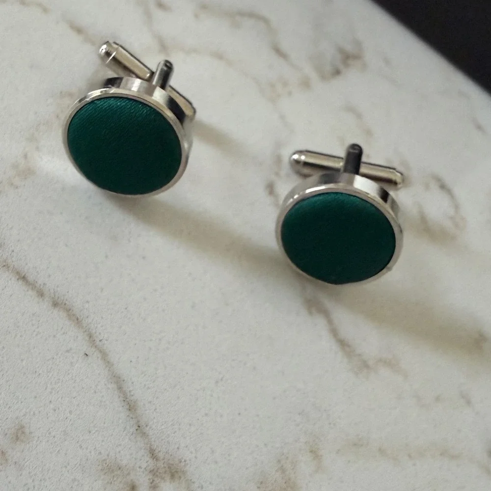 Azazie Mens Emerald Green Satin Silver Tone Round Cufflinks Old Money Minimalist